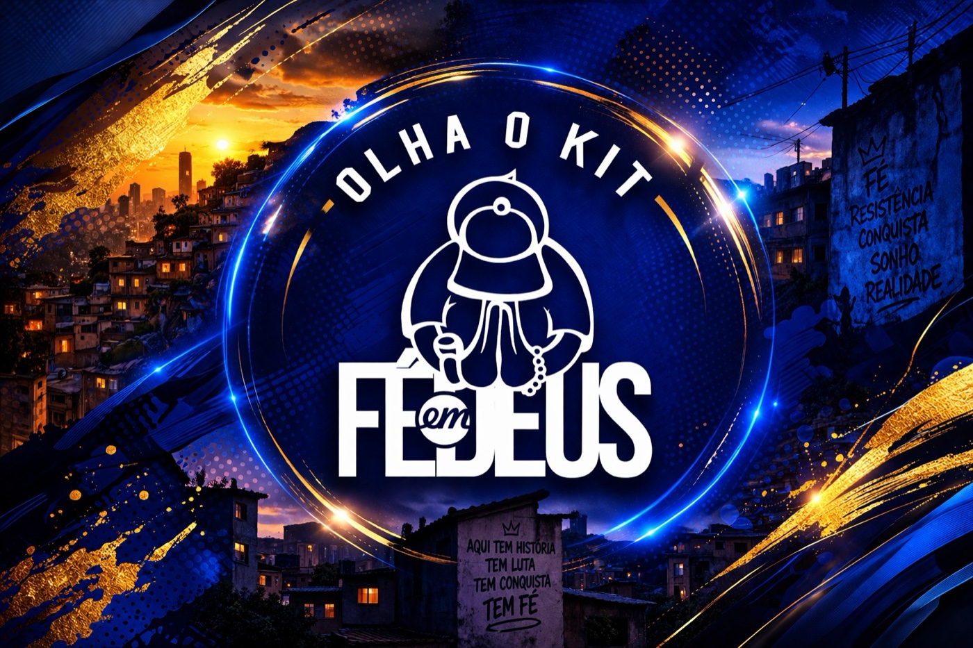 Logo Olha o Kit Fé em Deus sobre a arte da comunidade em azul e dourado